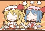  adomi bat_wings blonde_hair blue_hair comic flandre_scarlet food fork hat hat_ribbon letterboxed millipen_(medium) mob_cap multiple_girls open_mouth remilia_scarlet ribbon siblings side_ponytail silent_comic sisters spilling touhou traditional_media wavy_mouth wings 