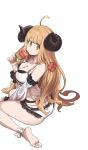  1girl :t ahoge anila_(granblue_fantasy) anila_(summer)_(granblue_fantasy) ankle_bow ass barefoot between_legs bikini black_horns blonde_hair blunt_bangs blush bow breasts butt_crack cleavage closed_mouth collarbone commentary commission detached_sleeves draph eating eyelashes fingernails flower food food_on_body food_on_breasts frilled_bikini frilled_sleeves frills full_body granblue_fantasy hair_flower hair_ornament hand_between_own_legs hand_up highres holding holding_food holding_ice_cream horns ice_cream ice_cream_cone jun_(navigavi) large_breasts long_hair looking_at_viewer pink_nails red_flower sheep_horns simple_background sitting skeb_commission smile soles solo swimsuit thick_eyebrows thighs toes underboob untranslatable_commentary very_long_hair wariza white_background white_bikini white_bow white_sleeves yellow_eyes 