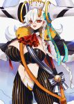  1girl alternate_breast_size_(larger) ascot asymmetrical_bangs black_bodysuit black_cape bodysuit braid breasts cape capelet cleavage clothing_cutout commentary crown earrings fate/grand_order fate_(series) fur-trimmed_cape fur-trimmed_capelet fur_scarf fur_trim grey_hair hair_ribbon highres horns huge_breasts huge_horns jewelry kijibato0519 long_hair long_horns long_sleeves looking_at_viewer navel olga_marie_animusphere open_mouth orange_eyes ribbon sash side_braid single_horn smile solo stomach_cutout striped_bodysuit thighs u-olga_marie very_long_hair wing_collar 