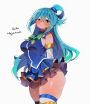  1girl aqua_(konosuba) arms_behind_back artist_name blue_eyes blue_hair blue_shirt blue_skirt blue_thighhighs blush bow bowtie breasts clothes_lift commentary detached_sleeves english_commentary frown green_bow green_bowtie grey_background hair_between_eyes hair_ornament hair_rings highres kono_subarashii_sekai_ni_shukufuku_wo! long_hair long_sleeves looking_at_viewer medium_breasts microskirt paid_reward_available pleated_skirt sato_hagamaki shirt simple_background single_hair_ring skirt sleeveless sleeveless_shirt solo sphere_hair_ornament standing thick_thighs thighhighs thighs white_sleeves 