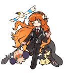 1girl belt black_belt black_jacket black_pants black_vest clobbopus closed_mouth commentary_request flanged_mace green_eyes holding holding_mace holding_poke_ball holding_weapon ishmael_(project_moon) jacket limbus_company long_hair looking_at_viewer mace mawile orange_hair pants poke_ball poke_ball_(basic) pokemon pokemon_(creature) project_moon smile solo very_long_hair vest wavy_hair weapon wingull y_142857 