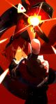  1girl absurdres aiming black_hat black_horns commentary_request curled_horns dragon_girl dragon_horns fingerless_gloves gloves green_eyes hat highres horns long_hair magus_(zenless_zone_zero) mechanical_horns mechanical_tail one_eye_closed orange_hair orange_pupils orphie_magnusson pointing pointy_ears powering_up red_background signature tail zenless_zone_zero zeroartwo 