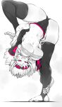  1girl absurdres bandaged_hand bandages bandeau breasts cropped_jacket goggles goggles_on_head highres jacket large_breasts long_sleeves looking_at_viewer monochrome navel niwamaru_(niwarhythm) niwarhythm original pink_eyes red_goggles short_hair short_shorts shorts smile solo standing standing_on_one_leg stirrup_legwear strapless sweat thick_thighs thighhighs thighs toeless_legwear tube_top underboob upside-down 