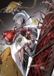 1girl 7d_nemuritai albina_(project_moon) black_background black_eyes blood blood_on_arm blood_on_chest blood_on_face blood_on_thigh breasts cable_hair chain character_name closed_mouth commentary cyborg dated facing_to_the_side from_below gold_chain gradient_background grey_eyes grey_hair guro hand_up heart heterochromia highres holding holding_heart holding_sword holding_weapon limbus_company long_hair medium_breasts ponytail project_moon solo strap sword weapon white_background white_eyes 