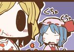  adomi blonde_hair blue_hair comic flandre_scarlet food food_on_face hat hat_ribbon letterboxed millipen_(medium) mob_cap multiple_girls open_mouth remilia_scarlet ribbon siblings side_ponytail sisters spilling touhou traditional_media 