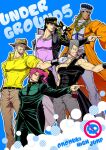  5boys beard black_coat black_hair black_hat brown_hat chain cherry_earrings coat commentary_request cover cover_page covered_abs dark-skinned_male dark_skin dog dog_on_shoulder doujin_cover earrings facial_hair flattop food-themed_earrings gakuran gloves grey_hair grin hand_up hat iggy_(jojo) jean_pierre_polnareff jewelry jojo_no_kimyou_na_bouken joseph_joestar joseph_joestar_(old) kakyoin_noriaki konpane_(ohj) kujo_jotaro lips male_focus mature_male mohammed_avdol multiple_boys muscular muscular_male orange_coat pink_hair pointing school_uniform single_strap smile stardust_crusaders thick_lips white_gloves 