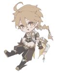 1boy aether_(genshin_impact) ahoge arm_guards armor baggy_pants belt black_boots black_pants black_shirt blonde_hair blush boots braid brown_belt brown_gloves brown_pants chibi chibi_only clenched_hands earrings floating_clothes floating_hair foaaaaaaau full_body genshin_impact gloves hair_between_eyes hair_ornament hair_ribbon hair_tubes jewelry long_hair looking_at_viewer low-braided_long_hair low-tied_long_hair male_focus midriff navel open_mouth pants ribbon scarf shirt short_sleeves shoulder_armor simple_background single_braid single_earring single_hair_tube smile solo standing standing_on_one_leg star_(symbol) two-tone_pants white_background white_ribbon white_scarf yellow_eyes 