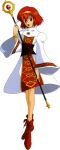  1girl bracelet dress fire_emblem fire_emblem:_mystery_of_the_emblem full_body hairband holding holding_staff jewelry koya_katsuyoshi looking_at_viewer maria_(fire_emblem:_shadow_dragon) medium_hair multicolored_dress official_art open_mouth red_eyes red_hair red_shoes shoes solo staff teeth transparent_background upper_teeth_only white_dress yellow_hairband 