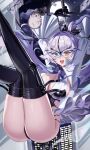  1girl absurdres ass black_boots black_leotard blue_eyes boots breasts building commentary_request full_moon goddess_of_victory:_nikke heterochromatic_eyewear highres large_breasts leotard long_hair looking_at_viewer midair moon night official_alternate_costume phantom_(nikke) phantom_(saint_thief)_(nikke) ponytail skyscraper solo thigh_boots tinted_eyewear very_long_hair white_hair yellow_eyes yurang_heart 