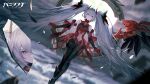  1girl bare_shoulders commentary_request detached_sleeves floating floating_shards full_moon glass_shard glass_shards gloves hair_ornament headgear highres long_hair looking_at_viewer luna:_oblivion_(pgr) luna_(pgr) mechanical_wings moon navel official_art pink_eyes punishing:_gray_raven red_gloves reflection second-party_source single_wing twintails white_hair wings 