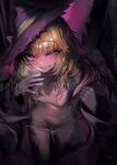  1girl akieda aroused blush bodystocking bodystocking_only breasts breath commentary_request covered_navel elfilia_(grimm_connect) fang floral_print green_hair grimm_connect hat heavy_breathing highres long_hair looking_at_viewer open_mouth purple_eyes purple_hat robe robe_partially_removed seductive_smile skin_tight smile solo tilted_headwear wide_sleeves witch witch_hat 