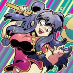  1girl \m/ bell blush breasts chinese_clothes chui_(weapon) double_bun dress hair_bell hair_bun hair_ornament hair_ribbon holding holding_weapon large_breasts long_hair open_mouth outline panties pantyshot purple_eyes purple_hair qipao rafchu ranma_1/2 red_dress ribbon shampoo_(ranma_1/2) shiny_skin short_sleeves smile solo teeth tongue underwear upper_body upper_teeth_only weapon white_panties yellow_outline yellow_trim 