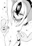  1girl ? absurdres armpits arms_behind_head bar_censor blue_archive blush breasts censored choker collarbone commentary demon_horns disembodied_hand female_pubic_hair greyscale groin hair_between_eyes heart highres horns kayoko_(blue_archive) mole mole_on_neck monochrome multicolored_hair nipple_stimulation nipple_tweak nipples parted_lips ponytail pubic_hair pussy ringed_eyes sidelocks simple_background single_wing small_breasts standing steam two-tone_hair white_background wings y4mori_gekko 