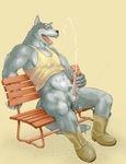  anthro balls bench biceps big_muscles blue_eyes blush boots bottomless brown_background canine clothing cum cum_on_balls cum_on_chest cum_on_leg cum_on_penis cum_on_self cum_on_stomach cum_string cumshot dripping edit erection fangs footwear fur grey_fur humanoid_penis leaking male mammal masturbation mitsui-jun muscles open_mouth orgasm pecs penis plain_background pose presenting pubes shirt shirt_lift sitting solo sweat tank_top teeth tongue tongue_out vein wolf 
