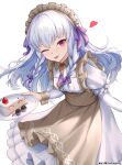  1girl absurdres apron basket blush braid breasts brown_apron brown_wrist_cuffs cake cake_slice closed_mouth dress fire_emblem fire_emblem:_three_houses fire_emblem_heroes food hair_ribbon heart highres holding holding_plate long_hair long_sleeves looking_at_viewer lysithea_von_ordelia lysithea_von_ordelia_(tea_party) maid maid_headdress necktie official_alternate_costume official_alternate_hairstyle one_eye_closed plate puffy_sleeves purple_necktie ribbon ryo_suzuki simple_background small_breasts smile solo tongue tongue_out twin_braids white_dress white_hair wrist_cuffs 