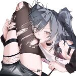  2girls alternate_hairstyle biting_thighhighs black_choker choker commentary female_pov fu_hua herrscher_of_sentience honkai_(series) honkai_impact_3rd long_hair looking_at_viewer multiple_girls pov red_eyes shirt simple_background solo_focus thigh_strap thighhighs thighs torn_clothes torn_thighhighs tq2tezfydw40664 twintails very_long_hair white_background white_shirt yuri 