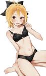  1girl absurdres adjusting_strap black_bra black_panties blonde_hair blush bow bow_panties bra bra_tug braid breasts commentary commission fang felt_(re:zero) hair_bow highres lace-trimmed_bra lace_trim lingerie looking_at_viewer navel open_mouth panties re:zero_kara_hajimeru_isekai_seikatsu red_eyes short_hair simple_background sitting small_breasts solo stomach sweat syhan underwear underwear_only white_background 