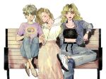  3girls ^_^ blonde_hair blue_jacket blue_pants brown_hair brown_shoes character_request closed_eyes closed_mouth commentary copyright_request curly_hair denim earrings grey_hair jacket jeans jewelry let_ink long_hair long_skirt midriff multiple_girls on_bench pants pink_lips pink_skirt purple_shirt shirt shoes short_hair sitting skirt smile sneakers untranslatable_commentary white_shirt white_shoes yellow_eyes 