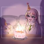  2girls absurdres bang_dream! bang_dream!_it's_mygo!!!!! birthday_cake blush cake candle chibi chihaya_anon commentary_request dual_persona fang food green_necktie grey_eyes grey_jacket haneoka_school_uniform hat highres jacket jo8blhrvkta6duw long_hair multiple_girls necktie open_mouth party_hat pink_hair school_uniform skin_fang teeth upper_teeth_only viewfinder 