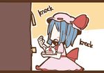  adomi blue_hair cake comic door english faceless food fruit hat hat_ribbon knocking letterboxed millipen_(medium) open_mouth remilia_scarlet ribbon slice_of_cake solo strawberry strawberry_shortcake teapot tears touhou traditional_media tray 