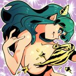  1girl \m/ animal_print aqua_hair bikini bikini_top_only black_bikini blue_eyes breasts cleavage closed_mouth cone_horns fang horns large_breasts long_hair looking_at_viewer looking_to_the_side lum multicolored_bikini navel oni purple_background rafchu shiny_skin stomach swimsuit tiger_print torn_bikini torn_clothes two-tone_background two-tone_bikini two-tone_swimsuit underboob upper_body urusei_yatsura wardrobe_malfunction white_background yellow_bikini yellow_horns 