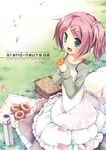  doughnut dress flower food green_eyes hair_ornament hairclip happy hirose_madoka long_hair original picnic_basket pink_hair side_ponytail solo 