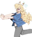  1girl animal_ear_fluff animal_ears blonde_hair blue_archive commentary_request dog_ears fangs fluffy_hair hair_over_one_eye halo highres kanna_(blue_archive) long_hair messy_hair navel porcini_8399 simple_background white_background 