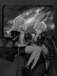  1boy 1girl absurdres antenna_hair arm_guards arm_up astral_express_(honkai:_star_rail) badge bare_shoulders bedroom boots breasts cape coat collarbone collared_shirt commentary_request covered_eyes crying facing_away fingerless_gloves fingernails full_body ghost gloves greyscale hair_over_eyes hand_on_another's_face hetero high_collar high_heel_boots high_heels highres honkai:_star_rail honkai_(series) ieririr implied_death indoors jacket lapels long_hair long_sleeves medium_breasts miniskirt monochrome off-shoulder_shirt off_shoulder on_bed on_one_knee open_clothes open_jacket pants phainon_(honkai:_star_rail) pillow sad shirt short_hair sidelocks signature single_glove sitting skirt sky smile space star_(sky) starry_sky stelle_(honkai:_star_rail) t-shirt teeth thigh_strap trailblazer_(honkai:_star_rail) window 