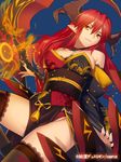  bare_shoulders blue_background copyright_name detached_sleeves horns junketsu_duelion light_smile long_hair official_art pointy_ears red_hair scythe simple_background solo thighhighs translated yangsion yellow_eyes zuihou_oboro 