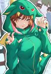  1girl absurdres aketa_mikoto alternate_costume animal_costume animal_ear_hood animal_hood birthday blonde_hair breasts brown_eyes brown_hair character_doll claw_pose closed_mouth commentary doll dragon_costume dragon_tail gao gradient_hair green_hood green_hoodie green_pajamas hair_between_eyes hands_up happy_birthday highres hood hood_up hoodie idolmaster idolmaster_shiny_colors idolmaster_shiny_colors_song_for_prism kigurumi long_sleeves looking_at_viewer multicolored_hair nail_polish onesie outline pajamas polka_dot polka_dot_background red_nails short_hair sleeves_past_wrists smile solo stuffed_toy tail untranslatable_commentary upper_body wanderstillart white_outline zipper 