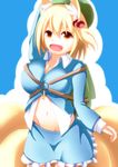  animal_ears backpack bag blonde_hair blush bow breasts cosplay fox_ears fox_tail hat kawashiro_nitori kawashiro_nitori_(cosplay) large_breasts long_sleeves merry_(diameri) midriff multiple_tails navel open_mouth red_eyes short_hair skirt smile solo tail touhou two_side_up yakumo_ran 