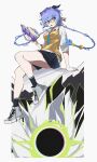  1girl animal_ears black_skirt black_socks blue_hair blue_necktie book braid braided_twintails brown_cardigan cardigan commentary crossed_bangs english_commentary ethereal_(zenless_zone_zero) glasses goat_ears goat_girl goat_horns goat_tail green_eyes grey_shoes hair_between_eyes highres holding holding_book horns long_hair lucia_elowen necktie postalworks school_uniform shirt shoes sitting skirt smile socks solo tail untied_shoelaces very_long_hair white_background white_shirt zenless_zone_zero 