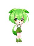  1girl absurdres blush_stickers chibi chibi_only crying crying_with_eyes_open double-parted_bangs ears_down edomura_niniko full_body green_hair green_shoes green_shorts hair_between_eyes hands_up highres long_hair looking_at_viewer low_ponytail neck_ribbon official_art open_mouth orange_eyes pink_ribbon ponytail ribbon shirt shoes short_sleeves shorts simple_background solo standing suspenders tears transparent_background voicevox white_shirt zundamon 