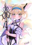  1girl absurdres animal_ear_fluff animal_ears apron arknights bare_shoulders blonde_hair blue_hairband braid braided_hair_rings child closed_mouth commentary_request fox_ears fox_girl fox_tail frills gloves green_eyes grey_pantyhose grey_skirt hair_rings hairband highres holding holding_staff infection_monitor_(arknights) kitsune kyuubi looking_at_viewer luo_shu material_growth multicolored_hair multiple_tails oripathy_lesion_(arknights) pantyhose petticoat short_hair single_wrist_cuff skirt smile solo staff suzuran_(arknights) tail upper_body waist_apron white_apron white_hair wrist_cuffs 