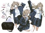  1girl bag bag_charm black_bag black_jacket black_skirt blonde_hair brown_eyes camera charm_(object) collarbone cosmetics double_v drill_hair earphones highres jacket lipstick long_hair looking_at_viewer luckyboysquad makeup multiple_views open_mouth original pleated_skirt school_uniform shirt simple_background skirt twin_drills v what's_in_my_bag white_background white_shirt 