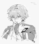  1boy arm_strap blush caelus_(honkai:_star_rail) clenched_hand collarbone commentary_request crying crying_with_eyes_open e_i_(twitter_2039318576054796288) fingerless_gloves gloves greyscale hair_between_eyes hand_on_own_chin hand_up highres honkai:_star_rail honkai_(series) hood hooded_jacket jacket lapels long_sleeves looking_to_the_side male_focus monochrome open_clothes open_jacket sad shirt short_hair simple_background solo spot_color t-shirt tears teeth trailblazer_(honkai:_star_rail) two-sided_fabric two-sided_jacket upper_body yellow_eyes 
