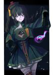  1girl absurdres alternate_costume black_background black_hair border commentary_request cowboy_shot dress fu_zhe_fu green-framed_eyewear green_dress green_shrug grey_eyes highres jiangshi_costume kurobe_nanoka long_hair long_sleeves looking_at_viewer mahou_shoujo_no_majo_saiban narehate_(mahou_shoujo_no_majo_saiban) shrug_(clothing) simple_background sleeves_past_fingers sleeves_past_wrists solo stitched_face stitched_leg stitches strapless strapless_dress thighhighs twintails white_border white_thighhighs 