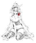  1girl absurdres ahoge animal_ears apple bra breasts commentary_request crossed_bangs food fruit full_body hair_between_eyes hairband hand_up highres holding holding_food holding_fruit horse_ears horse_girl horse_tail long_hair looking_at_viewer medium_breasts monochrome multicolored_hair navel nipple_slip nipples oguri_cap_(umamusume) open_mouth panties simple_background sitting solo spot_color stomach strap_slip tail thighhighs tuwu_(user_yvte3782) umamusume underwear very_long_hair white_background 