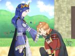  1boy 1girl aged_up alternate_costume alternate_hairstyle animal_ear_fluff animal_ears armor artist_name belt black_cape black_pants blue_butterfly blue_sky breasts brown_armor brown_belt brown_hair bug butterfly cape closed_mouth cloud cloudy_sky collared_jacket commentary crown day dress facing_down frilled_sleeves frills gauntlets grey_armor grey_cloak half_up_hair_twist high_collar highres jacket kiss kissing_hand knight long_hair long_sidelocks long_sleeves looking_at_another looking_down malockser melty_q_melromarc on_one_knee orange_butterfly outdoors pants pauldrons puckered_lips purple_dress purple_eyes purple_hair queen raccoon_boy raccoon_ears red_armor red_jacket ruftmila_(tate_no_yuusha_no_nariagari) short_hair shoulder_armor sidelocks signature sky small_breasts smile standing tate_no_yuusha_no_nariagari two-tone_armor two-tone_dress watermark white_dress 