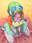  1girl adversarial_noise breasts cleavage commentary goggles goggles_on_head green_hair green_shorts green_skirt gumi gumi_(sv) gumi_day headset high_heels highres jacket large_breasts looking_at_viewer on_floor orange_jacket ryokusyou_yu short_hair_with_long_locks shorts sidelocks sitting skirt solo synthesizer_v tile_floor tiles vocaloid wariza 