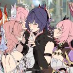  6+girls absurdres acheron_(honkai:_star_rail) bare_shoulders beliora_vike blue_eyes blurry blurry_background blush bow breasts closed_eyes commentary cyrene_(demiurge)_(honkai:_star_rail) cyrene_(honkai:_star_rail) detached_sleeves elf elysia_(honkai_impact) elysia_(miss_pink_elf)_(honkai_impact) english_commentary fu_hua fu_hua_(fenghuang_of_vicissitude) hair_bow highres honkai:_star_rail honkai_(series) honkai_impact_3rd inoue_marina jealous large_breasts long_hair looking_at_another medium_hair mihoyo multiple_girls nail_polish pink_hair pointy_ears ponytail purple_hair purple_nails raiden_mei raiden_mei_(herrscher_of_thunder) remielle_dan sawashiro_miyuki sidelocks smile twitter_username voice_actor_connection yae_sakura yanning yuri zanqi zenless_zone_zero 