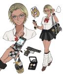  1girl absurdres bag bar_phone beretta_92 black_nails blonde_hair bow bowtie breasts cardigan cardigan_around_waist cellphone cellphone_charm charm_(object) clothes_around_waist commentary compact_(cosmetics) cosmetics earrings feature_phone fingernails glasses gun gyaru hair_ornament handgun haze_(ha_ze) highres holding holding_phone jewelry keypad kogal long_fingernails long_hair loose_bowtie loose_socks original phone pleated_skirt school_bag school_uniform scrunchie sharp_fingernails shirt short_hair skirt socks sweater sweater_around_waist untranslatable_commentary very_long_fingernails weapon white_shirt wrist_scrunchie yellow-framed_eyewear 