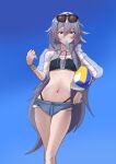  1girl absurdres ball bikini bikini_bottom_under_shorts bikini_under_clothes black_bikini blue_eyes blue_sky commentary_request denim denim_shorts eyewear_on_head flat_chest food food_in_mouth fu_hua fu_hua_(summer_2026) grey_hair highres holding holding_ball honkai_(series) honkai_impact_3rd jacket long_hair looking_at_viewer micro_shorts navel official_alternate_costume popsicle popsicle_in_mouth shorts sky solo stomach sunglasses swimsuit thighs very_long_hair volleyball_(object) white_jacket zer3oz 