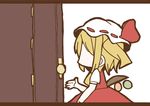  adomi blonde_hair comic door flandre_scarlet hat hat_ribbon letterboxed millipen_(medium) ribbon side_ponytail silent_comic solo touhou traditional_media wings 