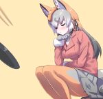  1girl animal_ears brown_hair closed_eyes commentary_request extra_ears fox_ears fox_girl fox_tail gloves grey_hair highres island_fox_(kemono_friends) jacket kemono_friends kemono_friends_v_project long_hair lowlandgorilla necktie orange_background pantyhose ribbon shirt simple_background skirt tail twintails virtual_youtuber 