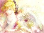  ahoge alternate_costume angel_wings artoria_pendragon_(all) blonde_hair bow breasts cleavage fate/stay_night fate_(series) green_eyes hair_bow petals saber sketch small_breasts solo wings youaresober 