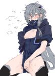  1girl black_thighhighs blue_eyes blue_hood blue_leotard breasts clothes_in_mouth commentary english_commentary female_masturbation fingering fu_hua fu_hua_(shadow_knight) grey_hair highres honkai_(series) honkai_impact_3rd leotard long_hair masturbation nipples notsnenks simple_background small_breasts solo thighhighs thighs very_long_hair white_background 