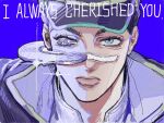  1boy baseball_cap black_hair blue_background blue_eyes cd coat commentary_request earrings english_text hat jen_j0j02 jewelry jojo_no_kimyou_na_bouken kujo_jotaro looking_at_viewer male_focus portrait purple_coat purple_hat solo sparkle stone_ocean 
