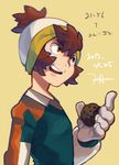  bad_id bad_pixiv_id brown_hair dated gloves goalkeeper inazuma_eleven_(game) inazuma_eleven_(series) inazuma_eleven_go inazuma_eleven_go_chrono_stone male_focus motojima_hakka open_mouth raayu_(inazuma_eleven) raimon signature simple_background soccer_uniform solo sportswear 