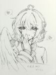  1girl ahoge blush bow bowtie candle4gdon commentary_request dress feathered_wings greyscale hair_between_eyes heart heart_ahoge highres jacket kishin_sagume medium_hair monochrome multi-source_commentary open_clothes open_jacket single_wing smile solo spoken_heart touhou traditional_media translation_request upper_body wings 